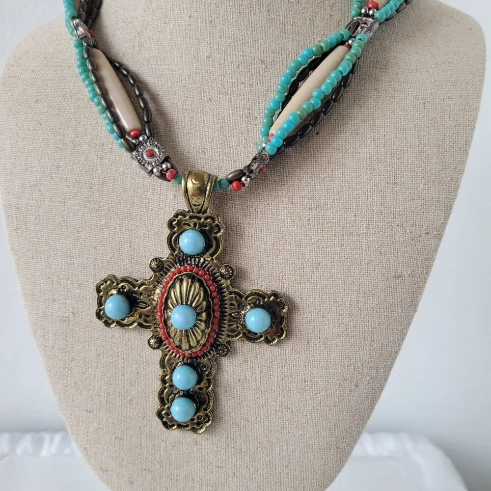 Southwestern-Style Turquoise &Coral color Beaded Cross Necklace